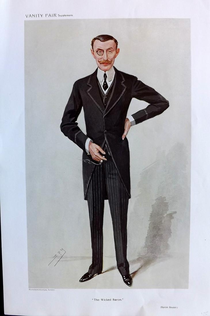Vanity Fair Print 1909 Baron Reuter, Banker: Chromolithograph Published 1869-1914, London for "Vanity Fair" Paper Size: 15 x 11 inch (38 x 28cm) Good Condition