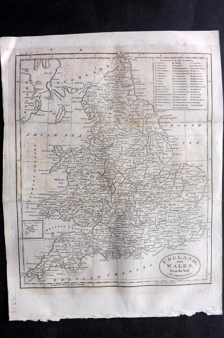 Guthrie, William 1812 Map. England and Wales: Copper Engraved Map Published 1812, London for "A New Geographical, Historical and Commercial Grammar..." by William Guthrie. Folds as issued. Paper Size: 11 x 8 inch (28 x 21cm) Approx. Very minor to