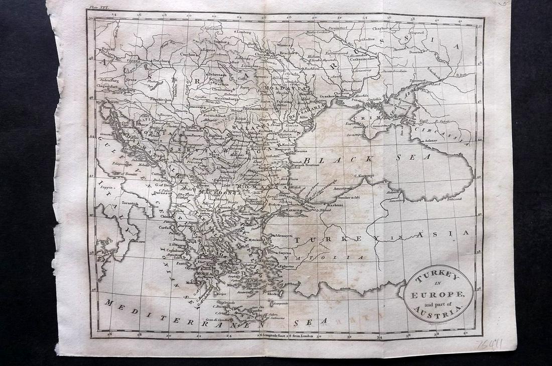 Guthrie, William 1812 Map. Turkey in Europe: Copper Engraved Map Published 1812, London for "A New Geographical, Historical and Commercial Grammar..." by William Guthrie. Folds as issued. Paper Size: 11 x 8 inch (28 x 21cm) Approx. Some toning/o
