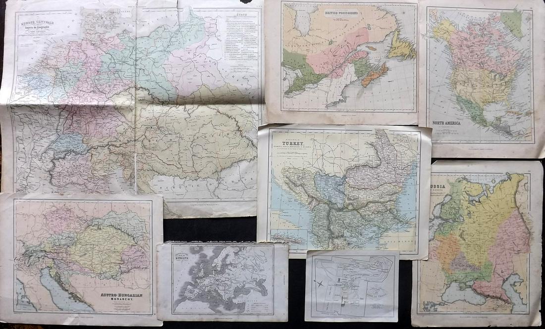 Maps 19th Cent. Mixed Lot of 8 Maps: Lot of 8 Lithograph and Engraved Maps. Incl North America, Russia, Turkey, Europe, Plan of Pere la Chaise, Austria-Hungary, and Central Europe. Examples by Gaultier, Chambers/Johnson, Goldsmith, and S