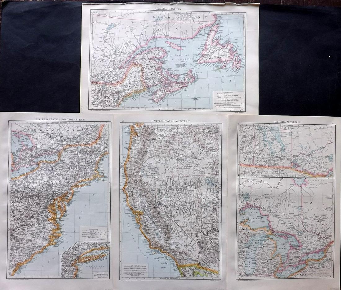Universal Atlas 1893 Lot of 4 Maps. USA & Canada: West and East portions of each country. Lithograph Map Published 1893 by Cassell & Co., London for "The Universal Atlas" Centre fold as issued. Paper Size: 16 x 10.5 inch (41 x 27cm) Good Condition
