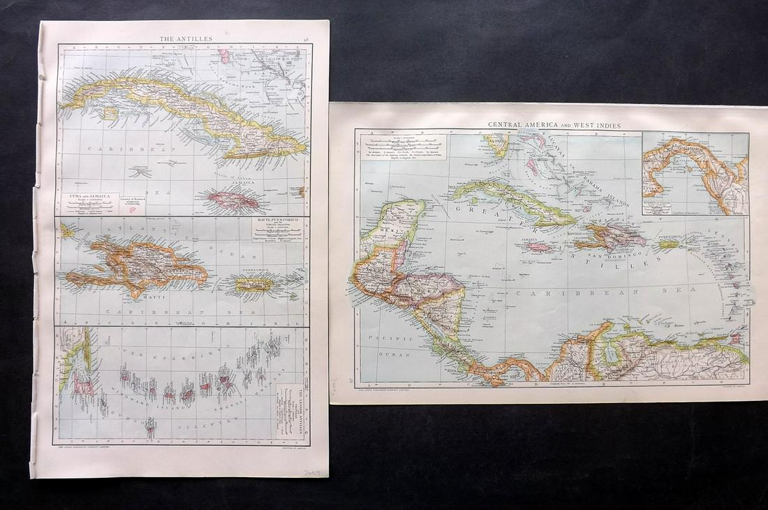 Universal Atlas 1893 Pair of Maps. West Indies Caribbean: Lithograph Map Published 1893 by Cassell & Co., London for "The Universal Atlas" Centre fold as issued. Paper Size: 16 x 10.5 inch (41 x 27cm) Good Condition