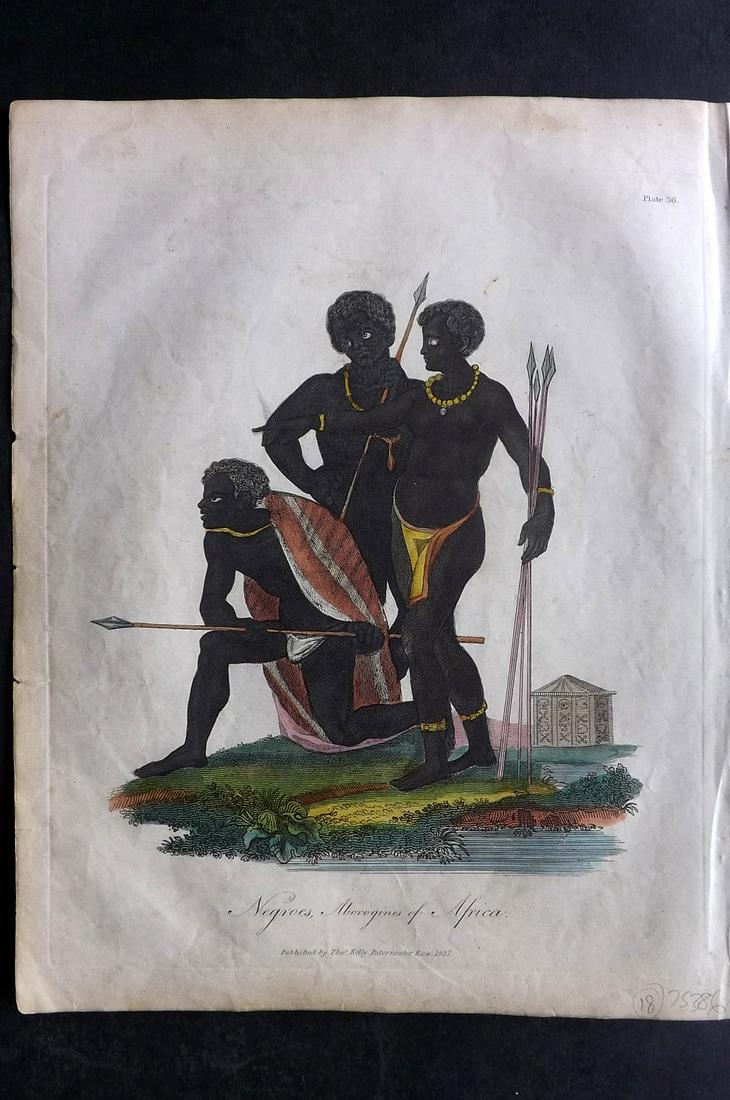 Buffon & Smellie 1840 Hand Col Print. Negroes of Africa: Hand Colored Copper Plate Published 1840 by Thomas Kelly, London for "A Natural History, General and Particular..." by The Comte de Buffon and William Smellie. Fine hand colour as issued. Paper Size: 