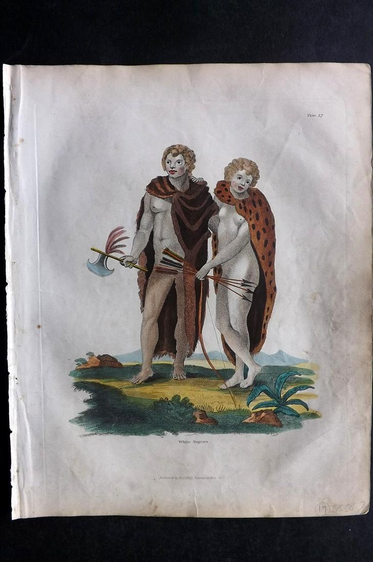 Buffon & Smellie 1840 Hand Col Print. White Negroes, Albinos: Hand Colored Copper Plate Published 1840 by Thomas Kelly, London for "A Natural History, General and Particular..." by The Comte de Buffon and William Smellie. Fine hand colour as issued. Paper Size: 