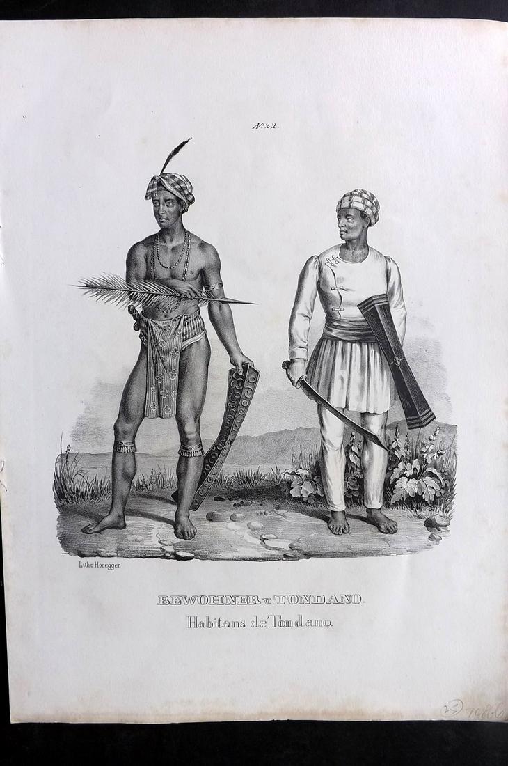 Schinz & Brodtmann C1840 Folio Print. Bewohner v. Tondano. Indonesia: Folio Lithograph Published 1834-45, Zurich for "Naturgeschichte und Abbildungen der Menschen..." by Heinrich Rudolph Schinz. Lithographed by Karl Joseph Brodtmann. Paper Size: 14.5 x 10.5 inch (37 x 2
