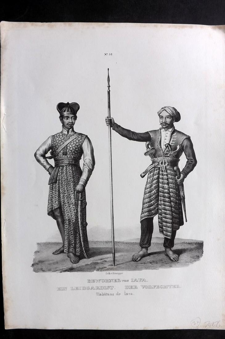 Schinz & Brodtmann C1840 Folio Print. Java Indonesia Natives: Folio Lithograph Published 1834-45, Zurich for "Naturgeschichte und Abbildungen der Menschen..." by Heinrich Rudolph Schinz. Lithographed by Karl Joseph Brodtmann. Paper Size: 14.5 x 10.5 inch (37 x 2