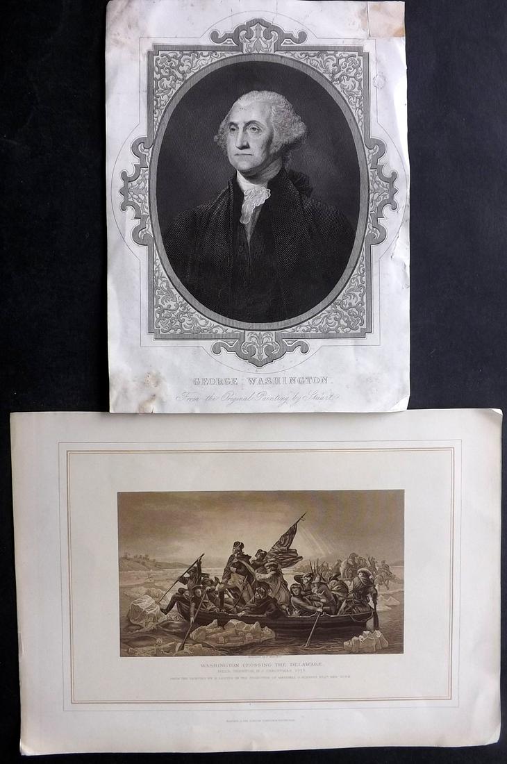 George Washington C1850-70 Pair of Prints: "Washington crossing the Delaware" Sepia Woodblock from an Edition of the History of England. Together with a Steel Engraved Porrait after Stuart. Paper Size: Up to 12 x 8 inch (30 x 21cm) The Portrai