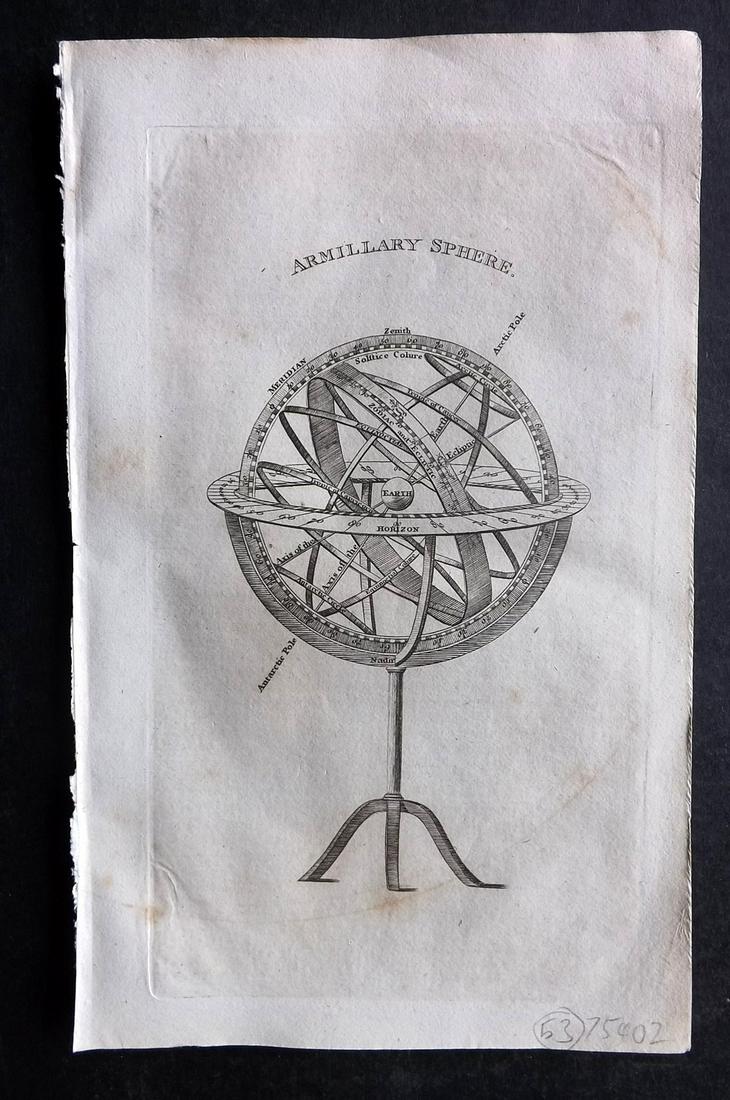 Guthrie, William 1812 Astronomy Print. Armillary Sphere: Copper Plate Published 1812, London for "A New Geographical, Historical and Commercial Grammar..." by William Guthrie. Paper Size: 8 x 5 inch (21 x 13cm) Approx. Very minor toning, otherwise Good Cond