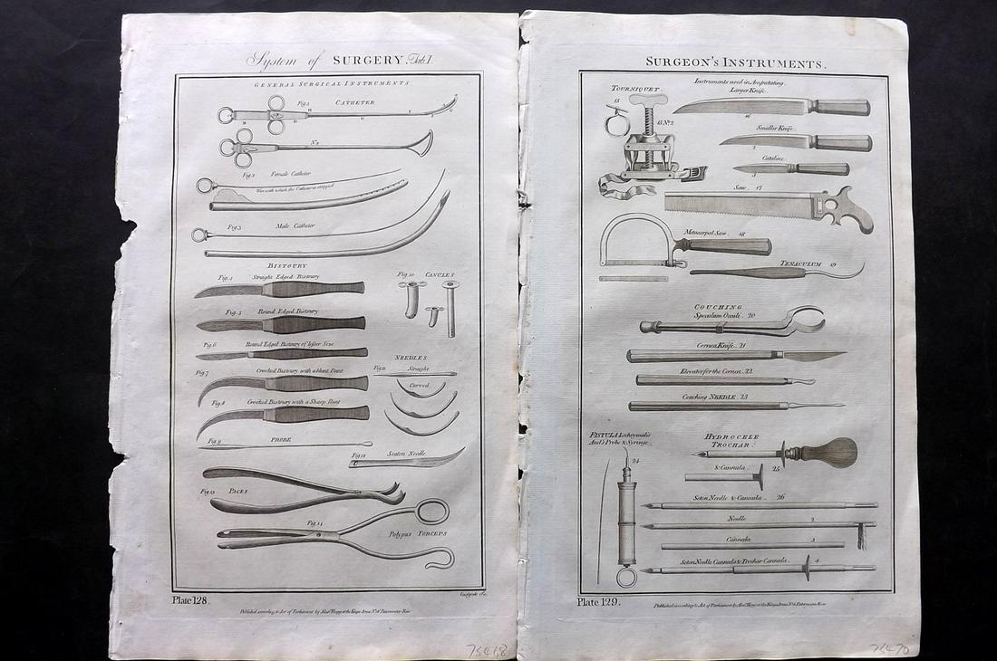 Howard, George C1790 Pair of Prints. Surgical Instruments: Copper Plate Published C1790, London for "The New Royal Cyclopaedia, and Encyclopaedia; Or, Complete Modern and Universal Dictionary of Arts and Sciences" by George Selby Howard. Paper Size: 16 x 10 i