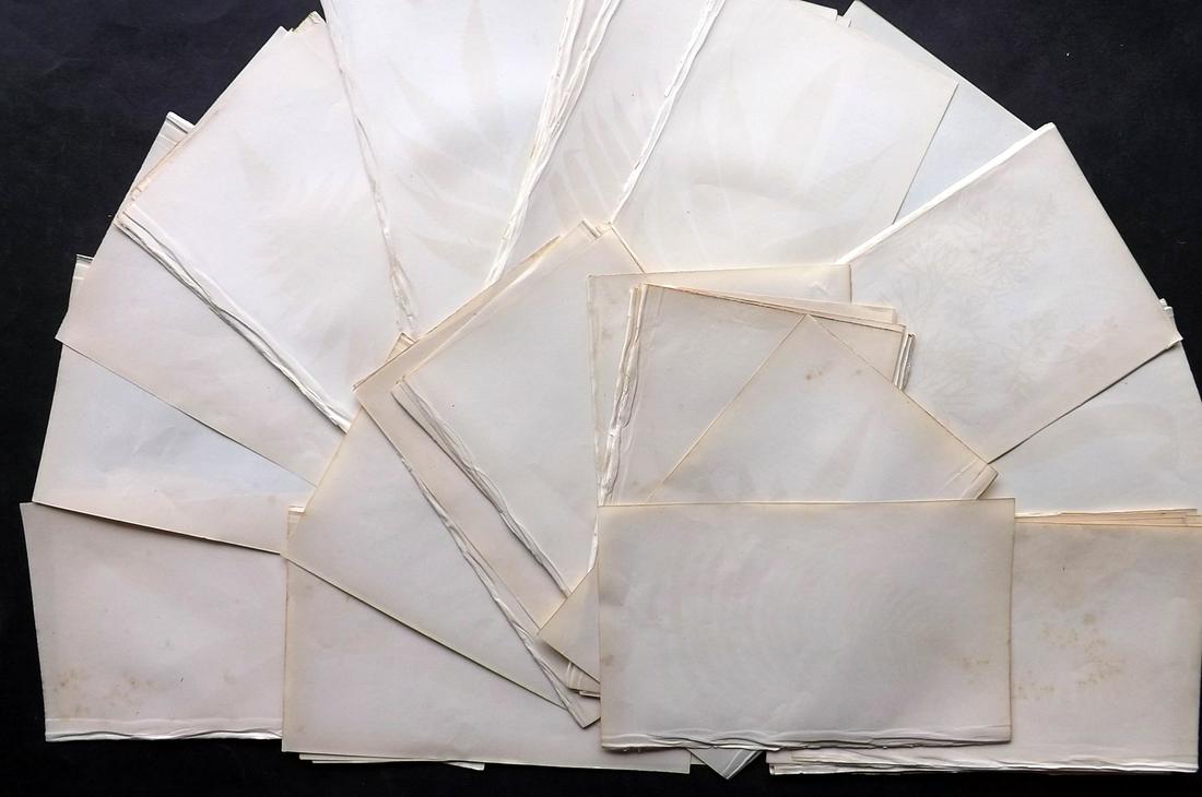 Old Paper, Bookbinding C1865 Lot of 65 Stock Sheets. 8vo: Uniform Stock Paper Sheets, 8vo, British. Paper Size: 9.5 x 6 inch (24 x 15cm) All with offsetting. Otherwise fine