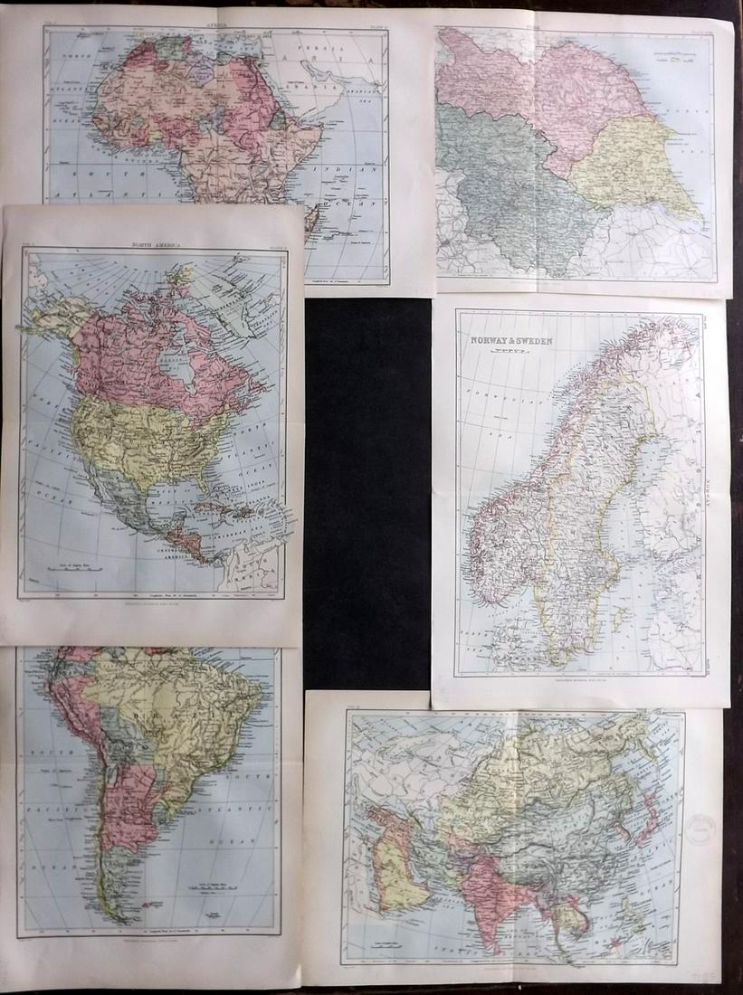 Encyclo. Britannica C1880 Mix Lot of 6 Antique Maps: Incl York, South America, North America, Africa, Norway, and Asia. Lithograph Maps Published 1875-98, Edinburgh & London for "Encyclopaedia Britannica" Ninth Edition. Center fold as issued. Paper Size