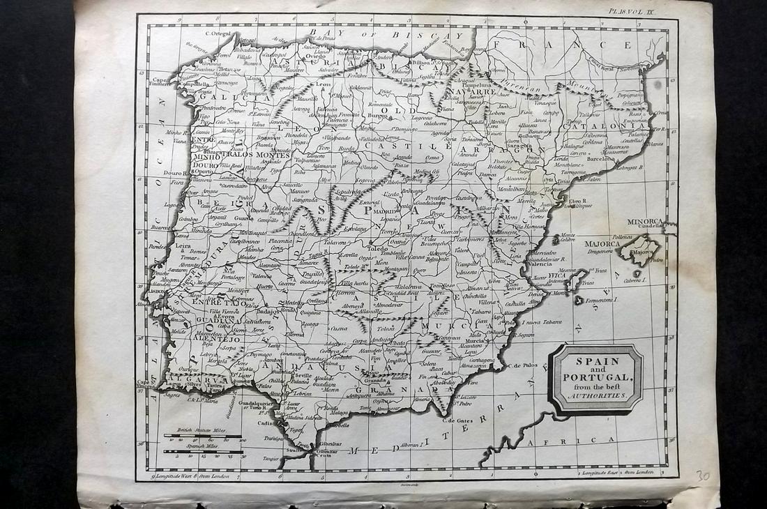 Kearsley (Pub) 1802 Map. Spain and Portugal: Copper Engraved Map Published 1802 by George Kearsley, London for "The English Encyclopaedia..." Paper Size: 10.5 x 8 inch (27 x 21cm) Water stain, top right. Otherwise fine