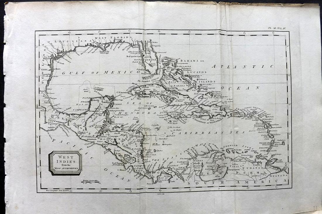Kearsley (Pub) 1802 Map. West Indies Caribbean: Copper Engraved Map Published 1802 by George Kearsley, London for "The English Encyclopaedia..." Folds as issued. Paper Size: 16.5 x 10.5 inch (41 x 27cm) Minor wrinkles. Good Condition