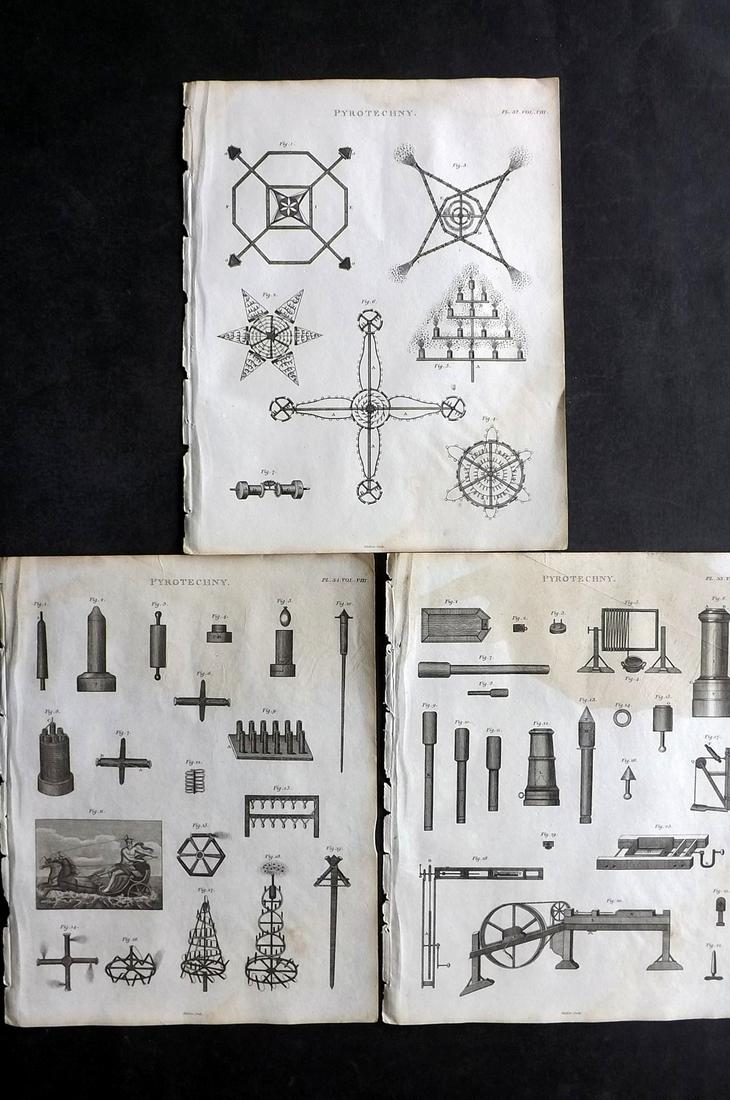 Kearsley (Pub) 1802 Lot of 3 Prints. Pyrotechny - Fireworks: Copper Plates Published 1802 by George Kearsley, London for "The English Encyclopaedia..." Paper Size: 10.5 x 8 inch (27 x 21cm) Some water staining present, heavy on one