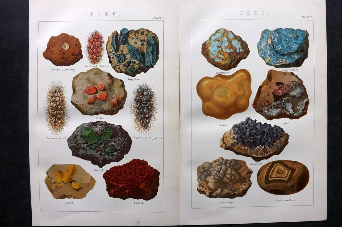 Nat. Ency. 1891 Pair of Prints. Gems. Gemstones (1 of 2)