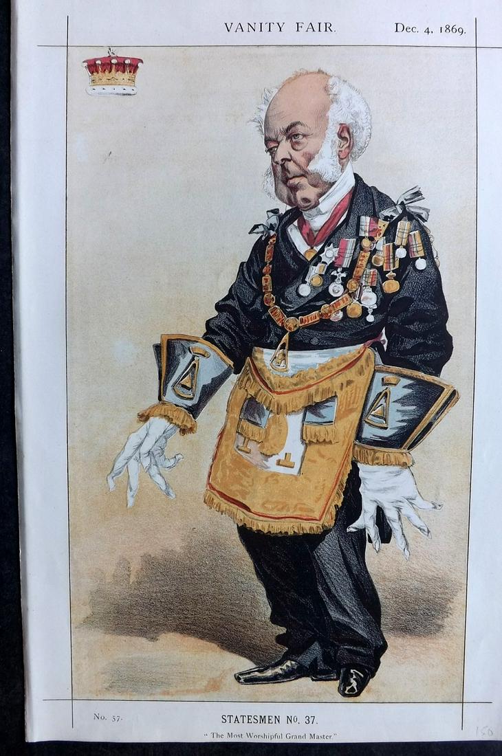 Vanity Fair Print 1869 Earl of Zetland, Freemason Masonic: Chromolithograph Published 1869-1914, London for "Vanity Fair" Paper Size: 14 x 9 inch (36 x 23cm) Good Condition