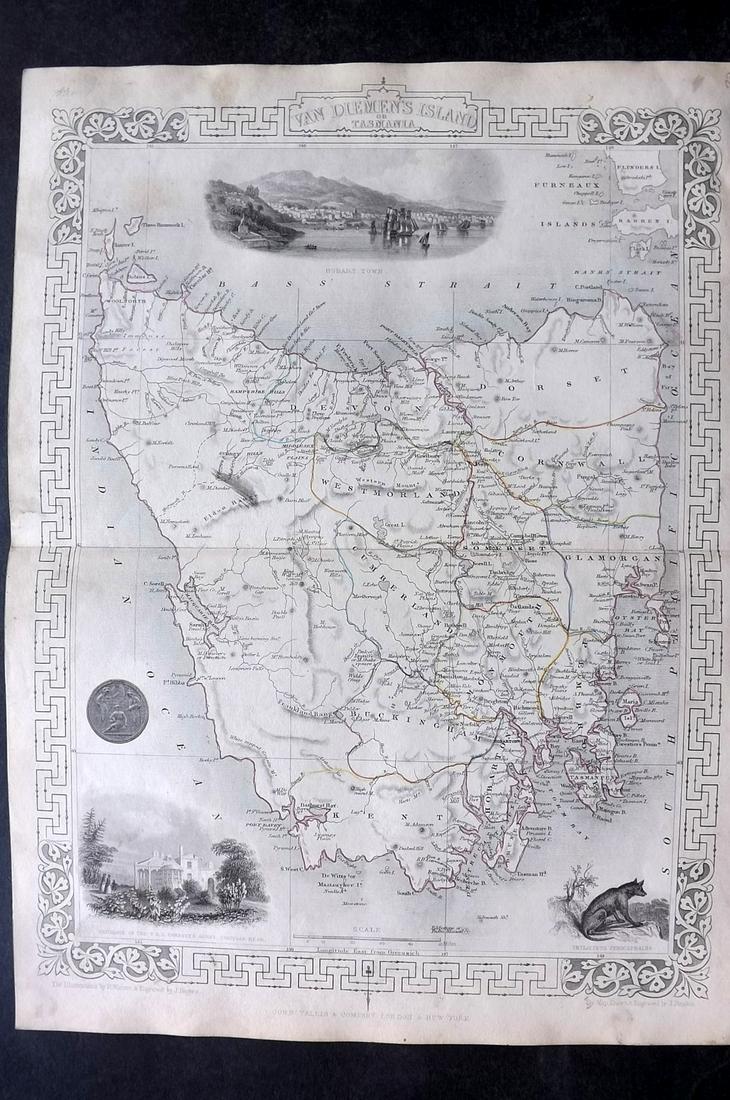 Tallis, John (Pub) 1852 Map. Van Diemens. Tasmania Australia (1 of 2)