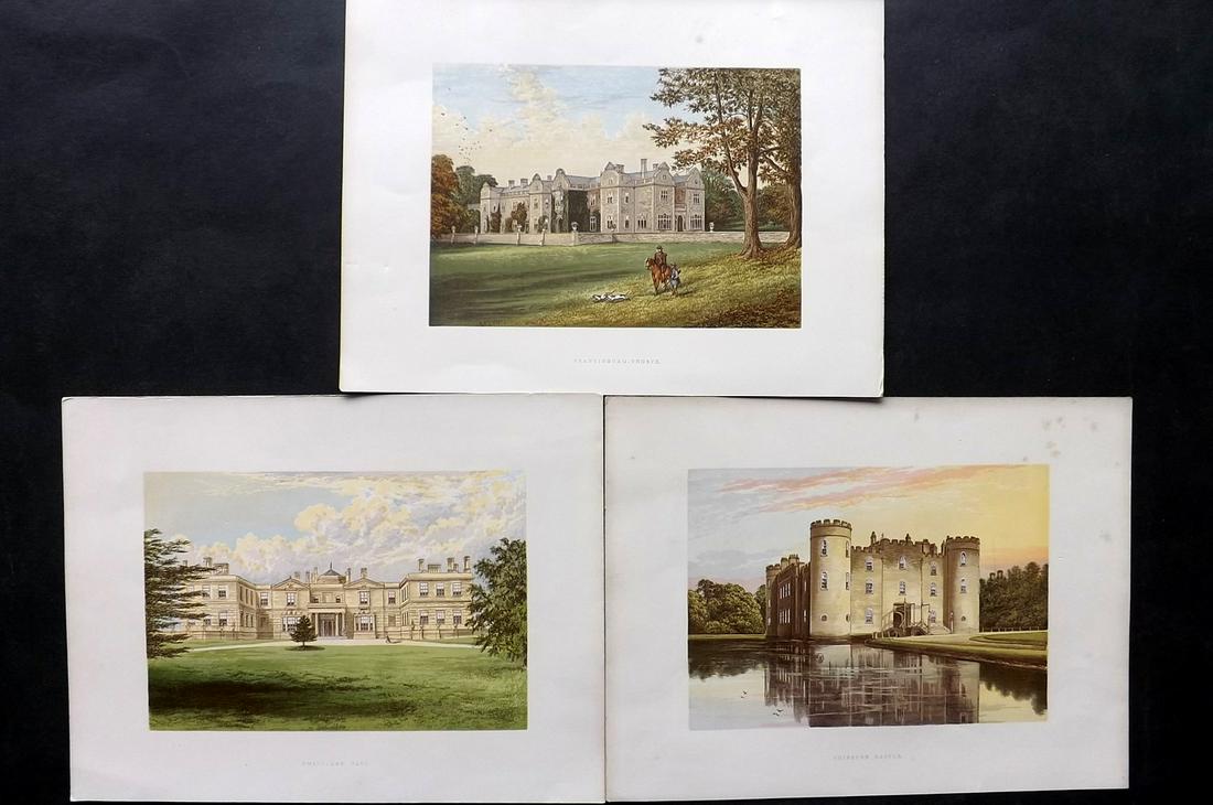 Morris Seats C1870 Lot of 3 Color Woodblock Views: Color Printed Woodblock Published 1866-1880 by William Mckenzie, London for "Picturesque Views of Seats of Noblemen and Gentlemen of Great Britain and Ireland" by the Rev. F. O. Morris. Printed by Ben
