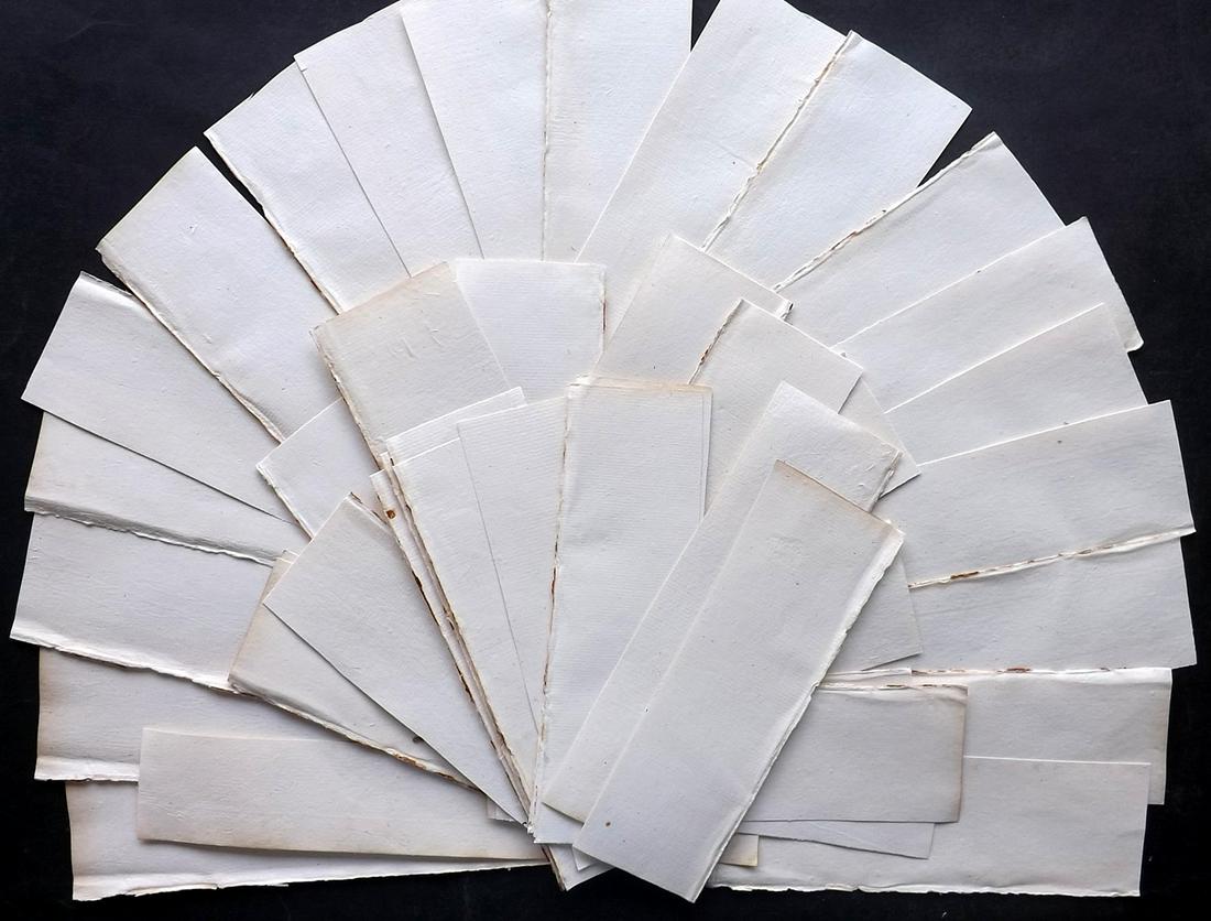 Old Paper, Bookbinding 1790's Lot of 40 Laid Sheets: Lot of Italian Laid Paper Sheets, made in Naples 1790's. All from the same source but slightly different sizes. Paper Size: Up to 9 x 3 inch (23 x 8cm) Very good condition.