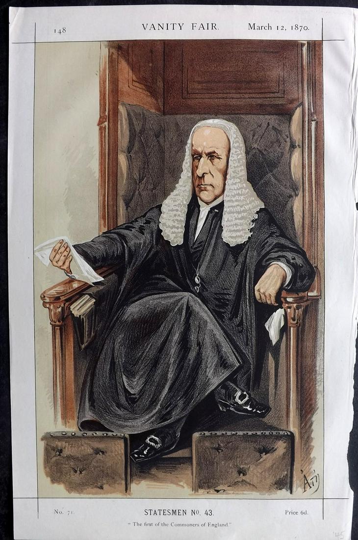 Vanity Fair Print 1870 Speaker Denison: Chromolithograph Published 1869-1914, London for "Vanity Fair" Paper Size: 14 x 9 inch (36 x 23cm) Approx. Good Condition