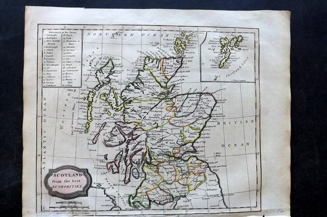 Barclay, James 1813 Map. Scotland: Copper Engraved Map Published 1812-13 by Brightly & Childs, Bungay for "A Complete and Universal Dictionary of the English Language..." by the Rev. James Barclay. Outline hand colour as issued. Most m