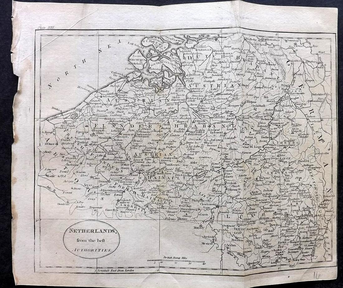 Guthrie, William 1805 Map. Netherlands: Copper Engraved Map Published 1805, London for "A New Geographical, Historical and Commercial Grammar..." by William Guthrie. Folds as issued. Paper Size: 10.5 x 8 inch (27 x 21cm) Approx. Some toning