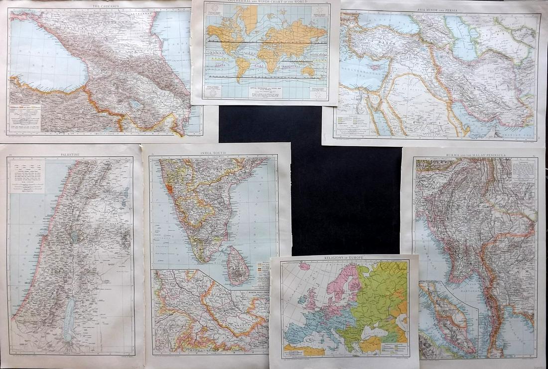 Universal Atlas 1893 Mixed Lot of 7 Maps: Incl Isothermal/Wind Chart, Religions of Europe, Asia Minor/Persia, Burma/Malaya, Caucasus, Palestine and India Sout. Lithograph Map Published 1893 by Cassell & Co., London for "The Universal Atlas" C
