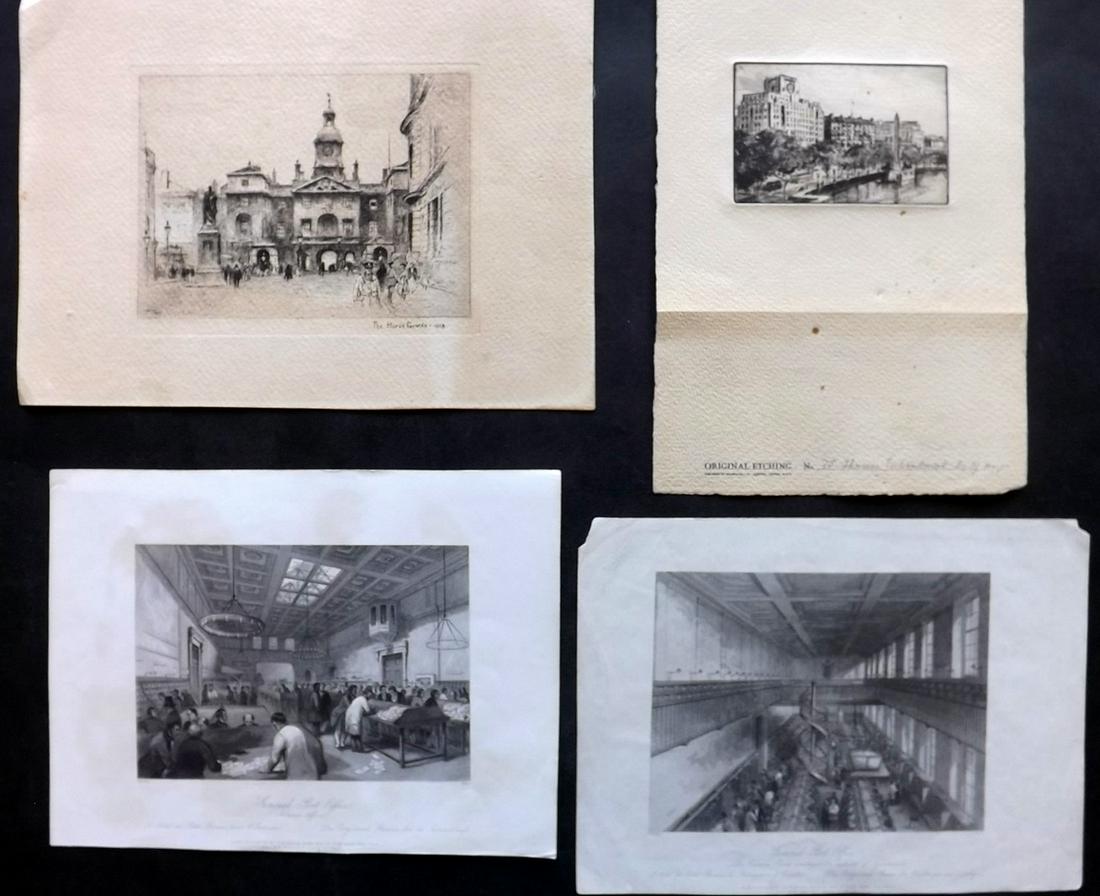 London 1841-1935 Lot of 4 Views. Engravings & Etchings: Pair of Steel Engravings of the General Post Office from "London Interiors" 1841-44. Together with an Etching of Horse Guards (1918) and The Thames Embankment (1935) Paper Size: Up to 12 x 8.5 inch (3