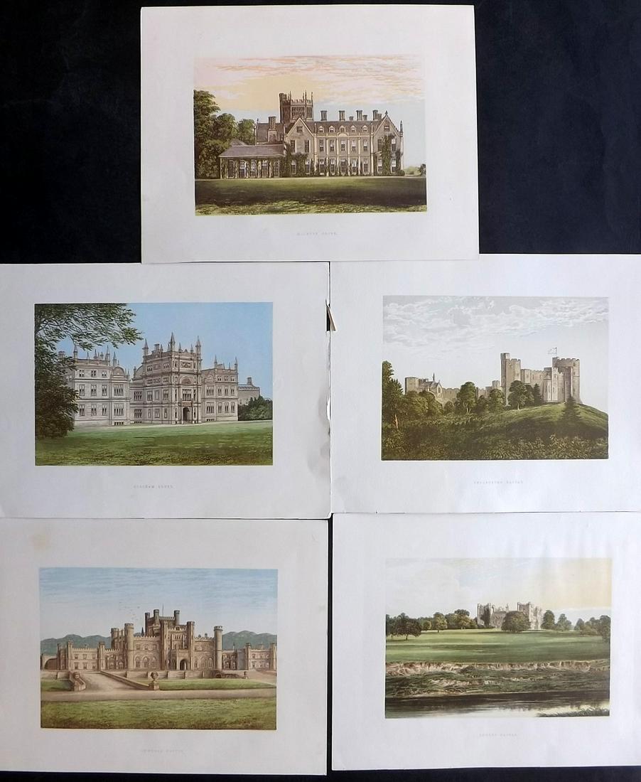 Morris Seats C1870 Lot of 5 Color Woodblock Views: Color Printed Woodblock Published 1866-1880 by William Mckenzie, London for "Picturesque Views of Seats of Noblemen and Gentlemen of Great Britain and Ireland" by the Rev. F. O. Morris. Printed by Ben