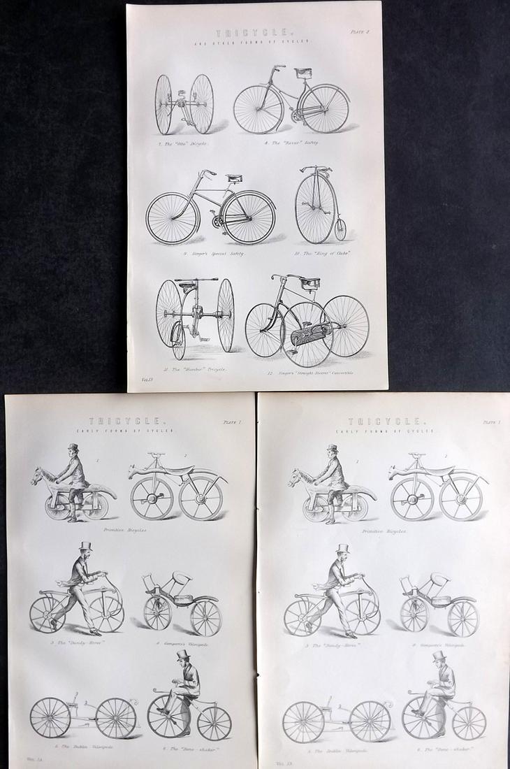 National Encyclopedia 1891 Lot of 3 Prints. Cycling - Tricycle: Incl one duplicate. Lithograph/Woodblocks Published 1891-1901 by William Mackenzie, London for "The National Encyclopedia: A dictionary of Universal Knowledge" Paper Size: 10 x 6 inch (25 x 16cm) Good
