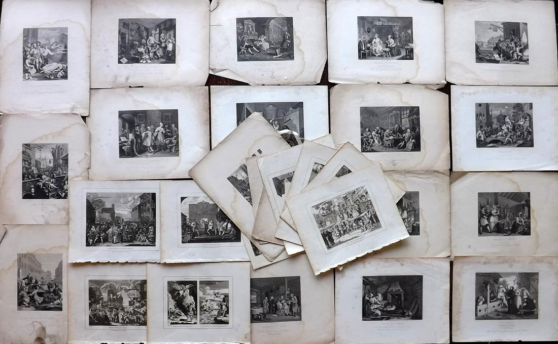 Hogarth, William 19th Cent. Lot of 32 Engravings: Copper and Steel Engravings, plus 2 Wood Engravings with plain backs. Includes Gin Lane (Lacking Beer Street) Mixed editions by Cook, Trusler and others. Paper Size: Up to 12.5 x 9 inch (32 x 23cm) Mo