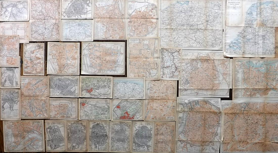 Baedeker, Karl 1895 Lot of 36 Maps of Belgium & Holland: Lithograph Maps Published 1901, Leipzig for "Belgium and Holland including the Grand-Duchy of Luxembourg" by Karl Baedeker. Folds as issued. Paper Size: Up to 12 x 12 inch (30 x 30cm) Good Condition