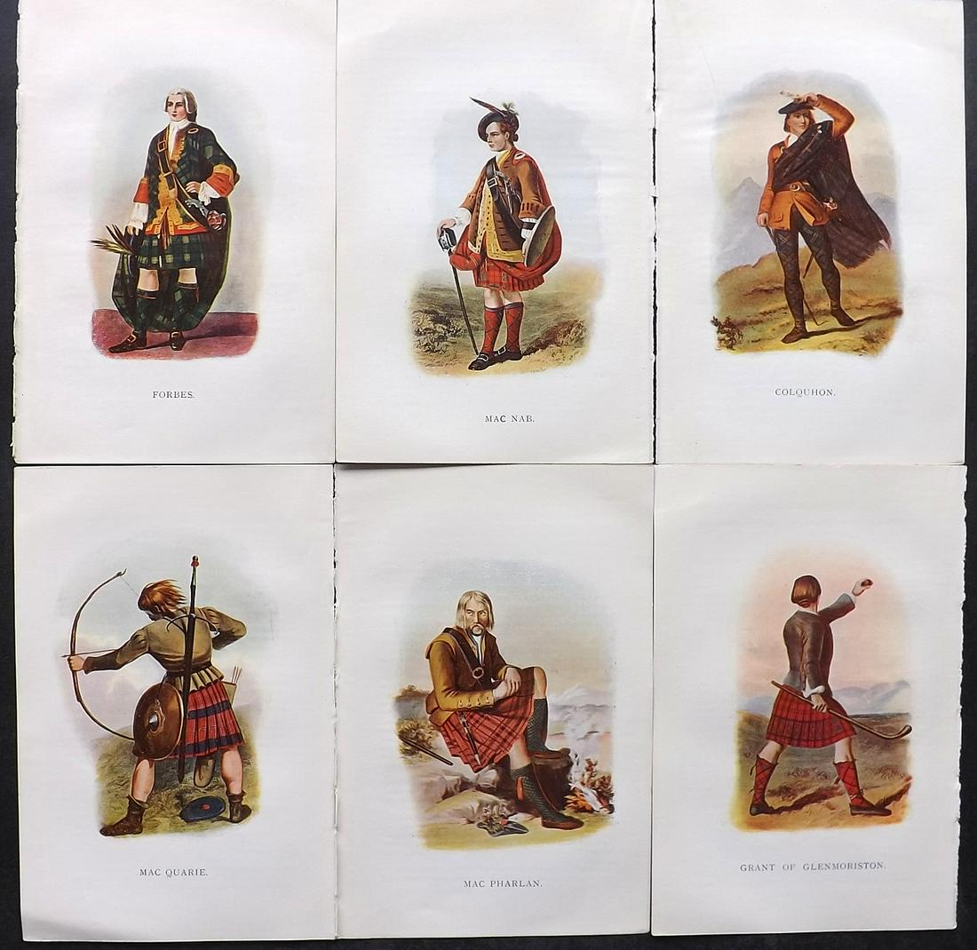 McIan, R. R. 1899 Lot of 6 Scottish Clan Costume Prints: Offset Lithographs Published 1899, Glasgow for "Mcian's Costumes of the Clans of Scotland" by James Logan and R. R. McIan. Paper Size: 7 x 5 inch (18.5 x 12cm) Good Condition