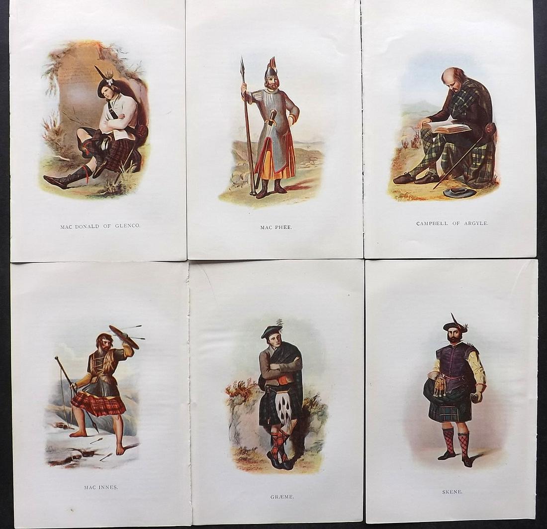 McIan, R. R. 1899 Lot of 6 Scottish Clan Costume Prints: Offset Lithographs Published 1899, Glasgow for "Mcian's Costumes of the Clans of Scotland" by James Logan and R. R. McIan. Paper Size: 7 x 5 inch (18.5 x 12cm) Good Condition