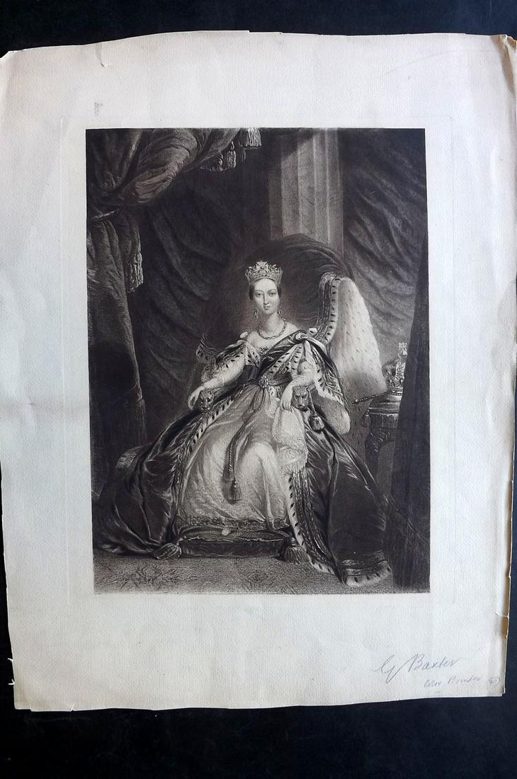 Baxter, George? C1870 LG Print. Queen Victoria: Large Stipple Engraving and Etching of Queen Victoria. Previous owner pencil inscription of "George Baxter, Color Printed" But unsure if that's correct. Paper Size: 23 x 17 inch (58 x 43cm) Good Condi