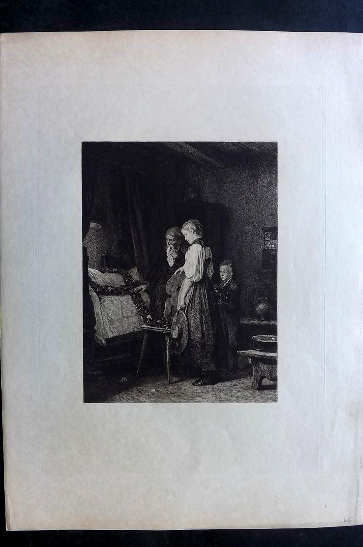 Etching - Meyer after Hoff 1888 LG Folio Print. House of Mourning (1 of 2)