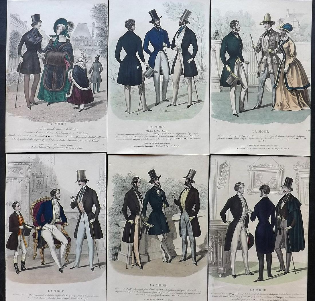 Fashion Plates C1840 Lot of 6 Hand Col Prints. Gentleman: Hand Colored Steel Engraving/Etching 1829-55, Paris for "La Mode, revue des modes, galerie des moeurs, album des salons" Paper Size: 9.5 x 6 inch (24 x 15cm) Slightly trimmed margins. Good Condition