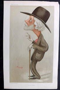 Vanity Fair Print 1896 George Meredith by Max Beerbohm: Chromolithograph Published 1869-1914, London for "Vanity Fair" Paper Size: 15 x 10 inch (38 x 25cm) Approx. Margins slightly trimmed. Very minor chip, top right. Good Condition