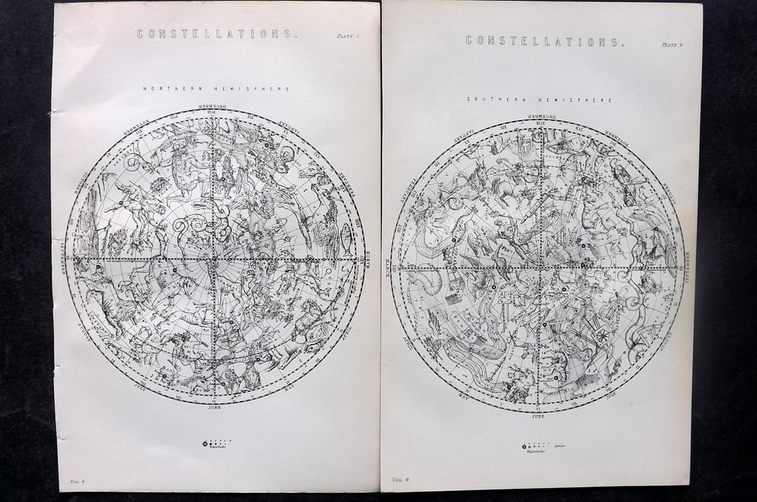 National Encyclopedia 1891 Pair of Celestial Maps. Constellations (1 of 2)