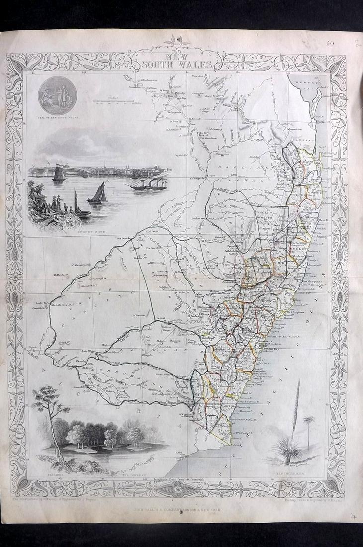 Tallis, John (Pub) 1854 Map. New South Wales, Australia: Steel Engraved Map Published 1854-55 by John Tallis, London for "The British Colonies; Their History, Extent, Condition and Resources" by Robert Montgomery Martin. Drawn & Engraved by John Rapkin. Cen