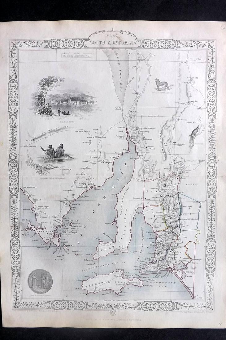 Tallis, John (Pub) 1854 Map. Part of South Australia: Steel Engraved Map Published 1854-55 by John Tallis, London for "The British Colonies; Their History, Extent, Condition and Resources" by Robert Montgomery Martin. Drawn & Engraved by John Rapkin. Cen