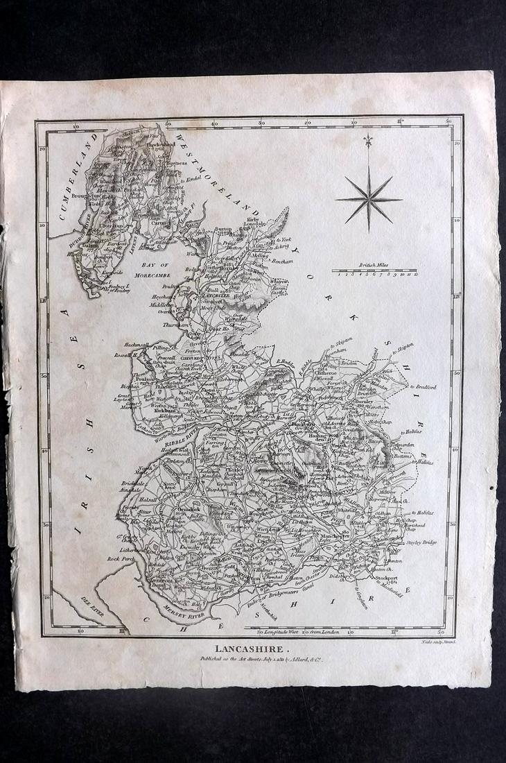 Wilkes, John 1811 Antique Map. Lancashire, UK: Copper Engraved Map Published 1796-1828 London for "Encyclopaedia Londinensis, or universal dictionary of arts, sciences and literature" by John Wilkes et al. Paper Size: 10.5 x 8.5 inch (27 x 22cm) M