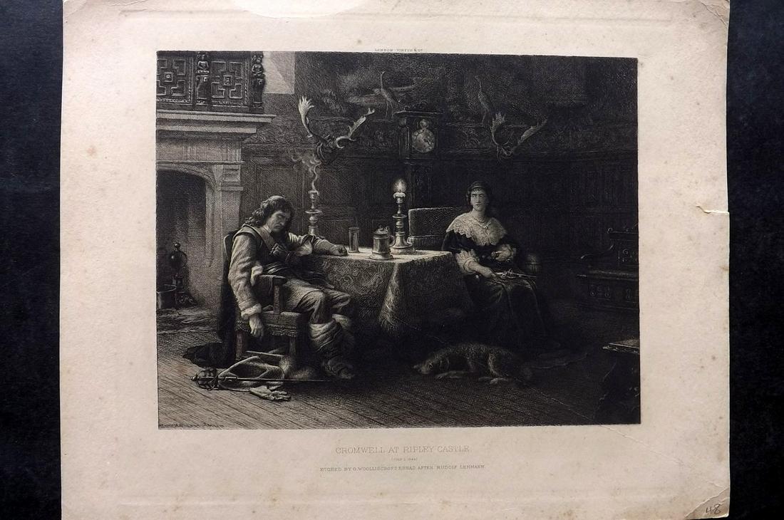 Art Journal C1880 Etching. Cromwell at Ripley Castle: Etched by Woolliscroft Rhead after Rudolph Lehmann. Etching Published 1849-1912 George Virtue & Co, London for "The Art Journal" Paper Size: 13 x 9.5 inch (33 x 24cm) Approx. Minor margin toning, imag