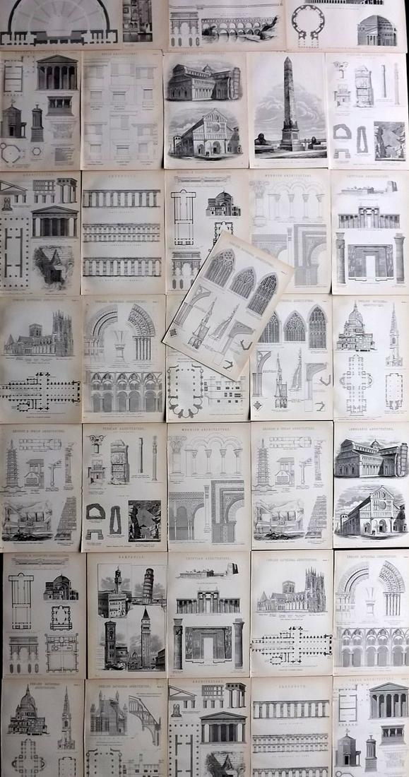 Nat. Encyclo. 1890's Lot of 32 Architectural Prints: Some duplicates. Woodblocks and/or Steel Engravings Published 1891-1901 by William Mackenzie, London for "The National Encyclopedia: A dictionary of Universal Knowledge" Paper Size: 9.5 x 6 inch (24 x