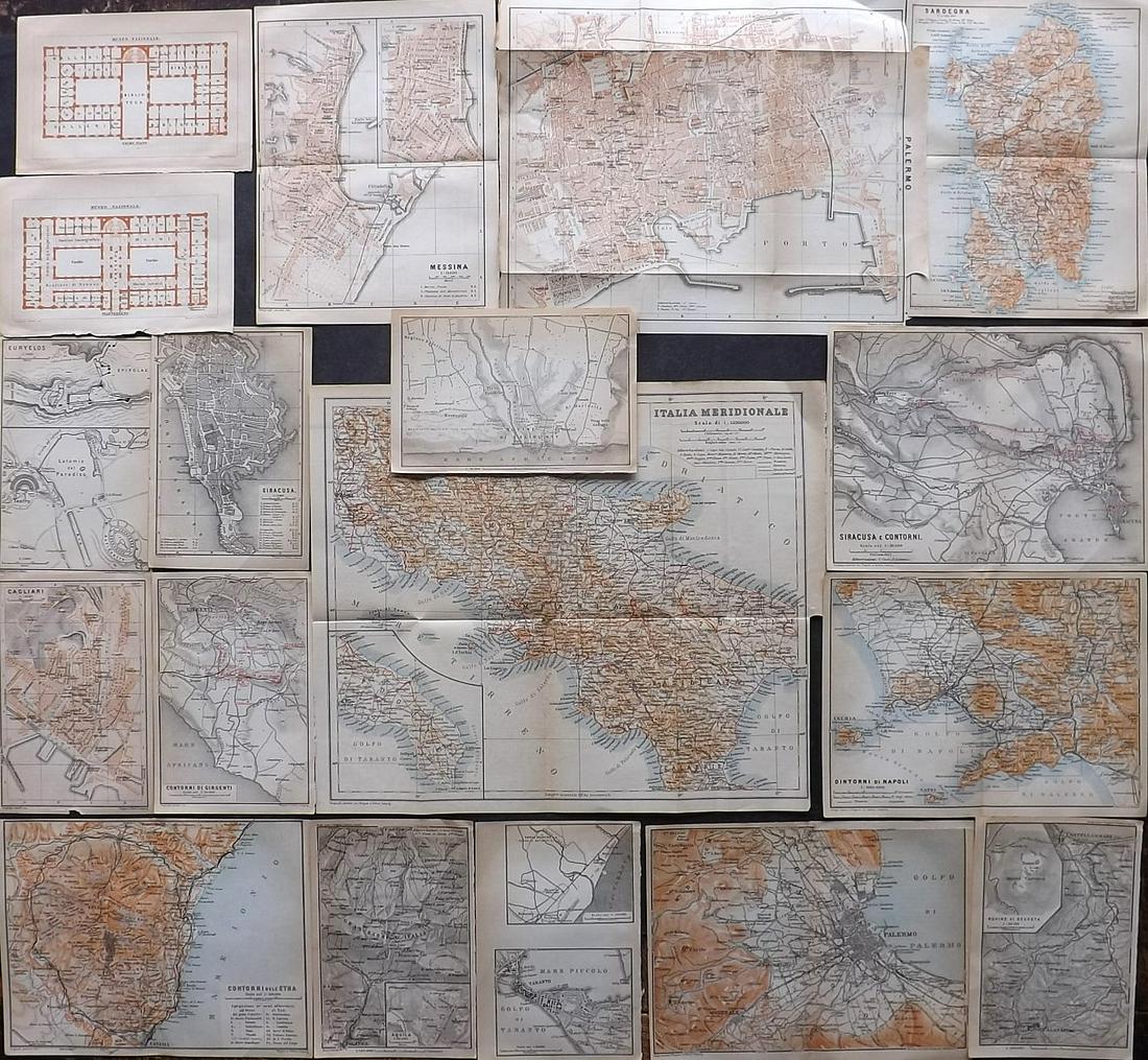 Baedeker, Karl 1911 Lot of 18 Maps of Italy & Sicily: Lithograph Maps Published, Leipzig for "Unteritalien Sizilien, Sardinien, Malta, Tunis, Corfu" by Karl Baedeker. Folds as issued. Paper Size: Up to 13 x 11 inch (33 x 28cm) Good Condition