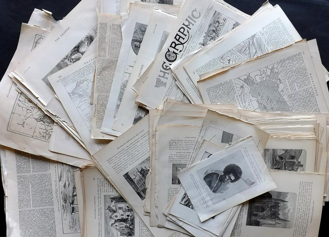 Views, Travels, Maps 19th Cent. Lot of 300 Illus. Sheets: Lot of approx 300 Illustrated Sheets. Mostly Wood Engravings, also a few Lithos and Photoengravings. Incl UK (Mostly) Also Pacific, France, Germany, Africa, Asia, Middle East etc. Examples from The Il