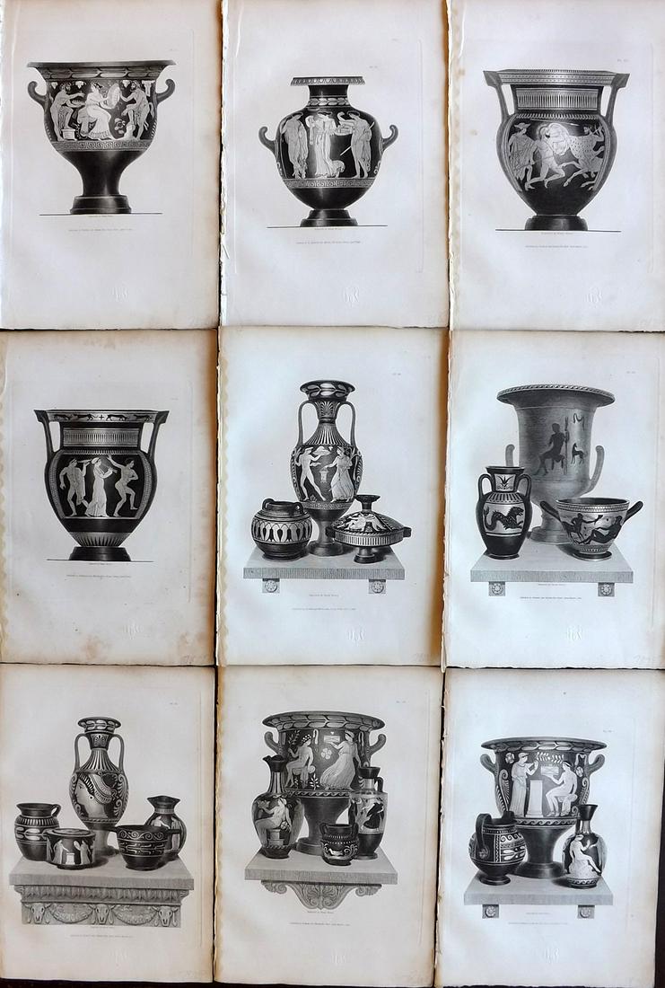 Moses & Englefield 1820 Lot of 9 Antique Vase Prints: Etching Published 1819-20, London for "Vases from The Collection of Sir. Henry Englefield Bart" Drawn and Engraved Henry Moses.Paper Size: 10.5 x 6.5 inch (27 x 16.5cm) Very discrete library blindstam