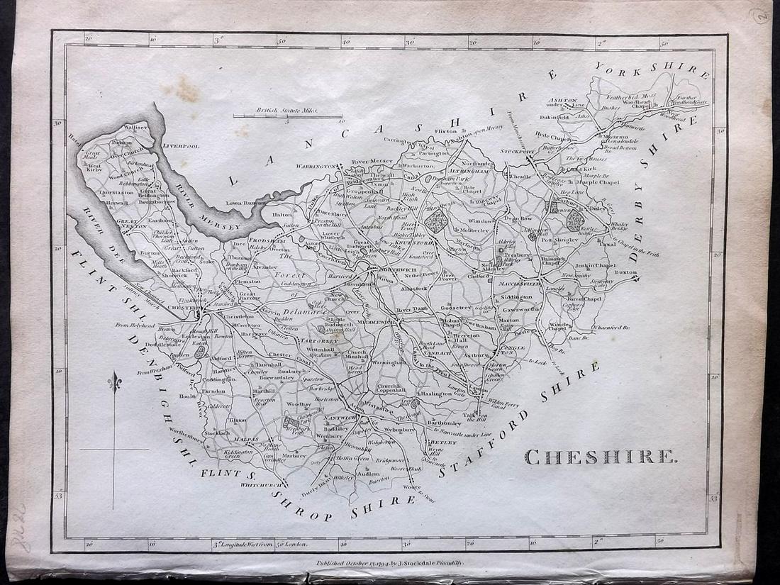 Aiken, John 1795 Antique Map. Cheshire: Copper Engraved Map Published 1795, London for "A Description of the Country from Thirty to Forty Miles Round Manchester" by John Aiken. Paper Size: 11.5 x 9 inch (29 x 23cm) Very minor toning
