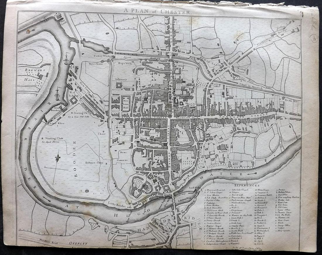 Aiken, John 1795 Antique Map. Plan of Chester: Copper Engraved Map Published 1795, London for "A Description of the Country from Thirty to Forty Miles Round Manchester" by John Aiken. Paper Size: 11.5 x 9 inch (29 x 23cm) Tight bottom margin, slig