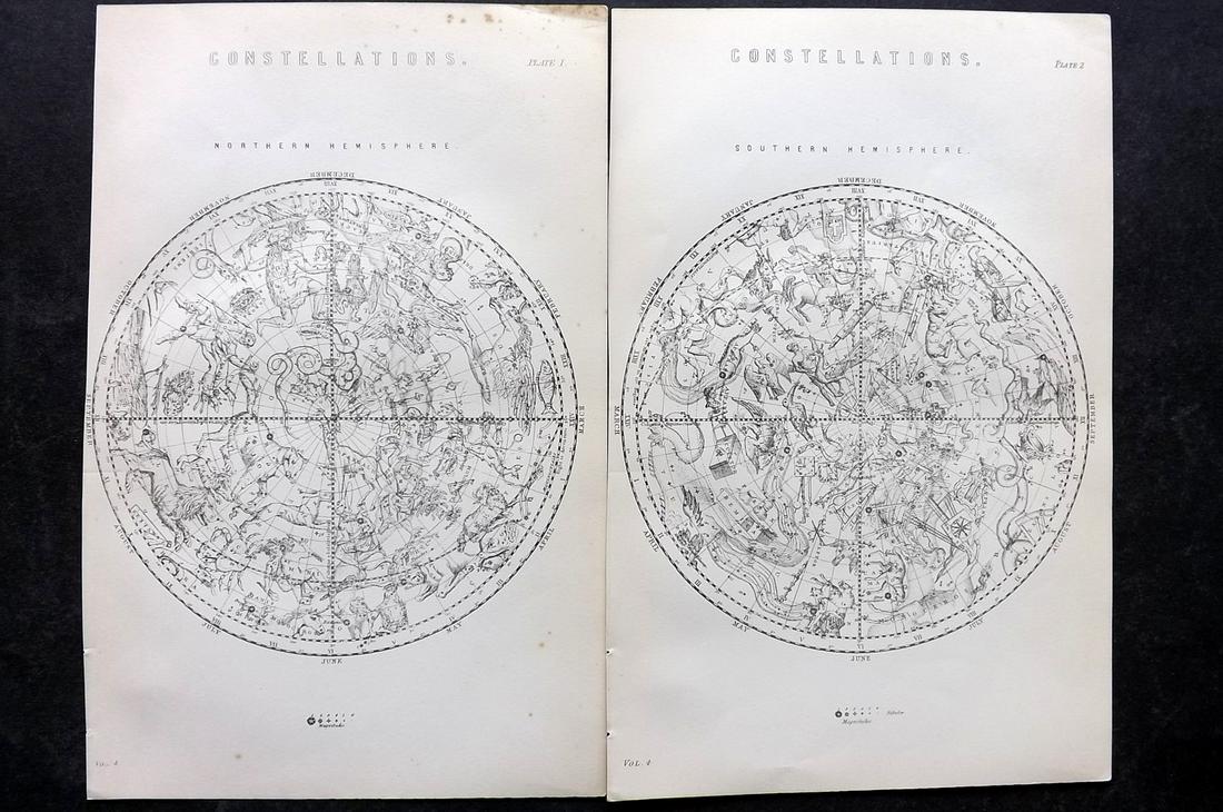National Encyclopedia 1891 Pair of Celestial Maps. Constellations (1 of 2)